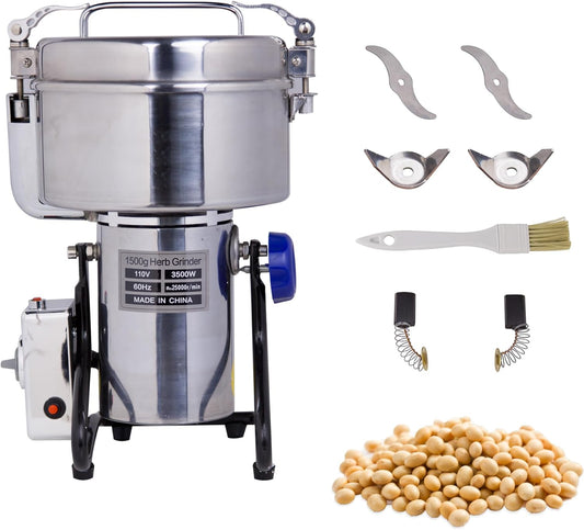 Hakka Grain Mill 1500g High Speed Food Electric Stainless Steel Powder MillSeeds Flour Nut Pill Wheat Corn Herbs Spices Powder Machine，3500W