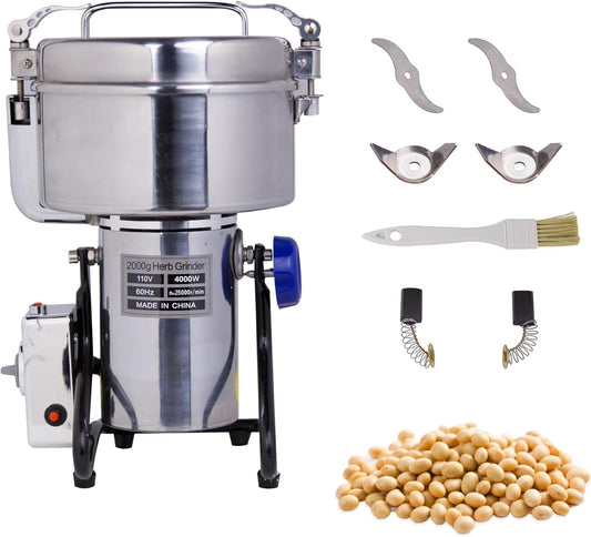 Hakka Grain Mill 2000g High Speed Food Electric Stainless Steel Powder MillSeeds Flour Nut Pill Wheat Corn Herbs Spices Powder Machine，4000W