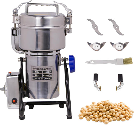 Hakka Grain Mill 500g High Speed Food Electric Stainless Steel Powder MillSeeds Flour Nut Pill Wheat Corn Herbs Spices Powder Machine，2000W