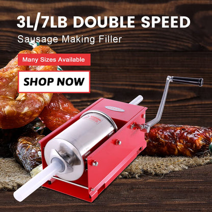 Hakka 7 Lbs(3 Liter) Sausage Stuffers 2 Speed Stainless Steel Horzontal Sausage Makers (CH-3)