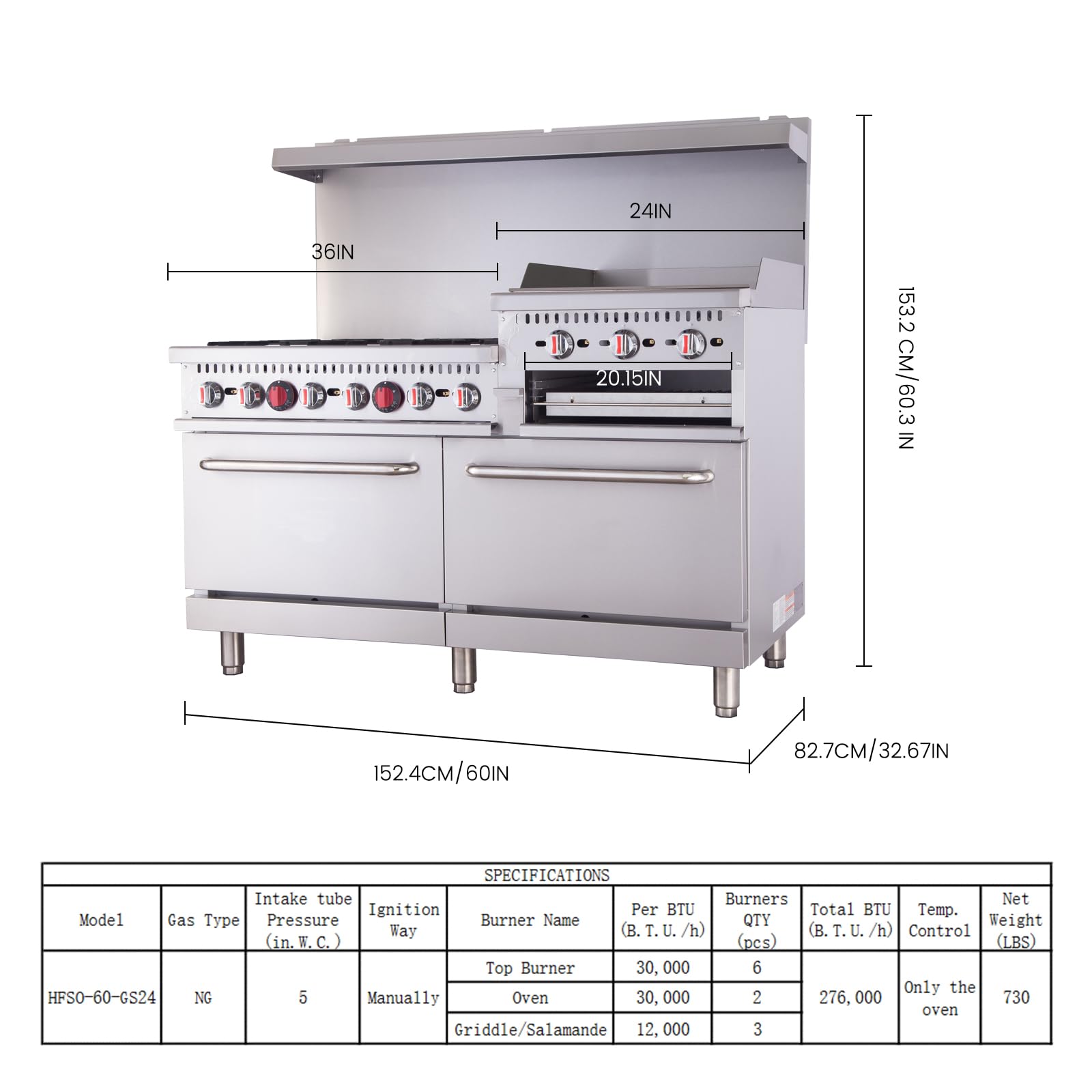 EasyRose Commercial 60" Liquid Propane Gas Range Stove 6 Burners with 24" Griddle