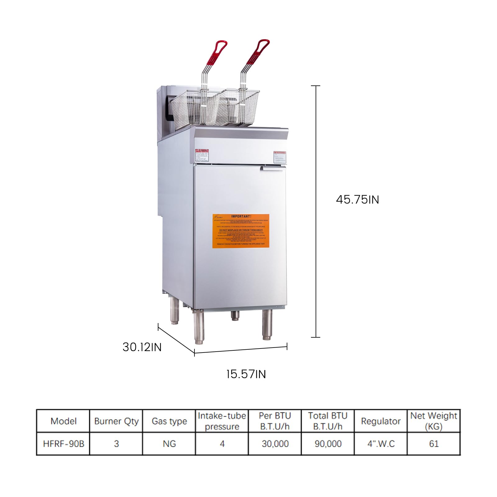 EASYROSE Commercial Natural Gas Deep Fryer 40-50 lb Capacity 3 Burners 90000 BTU , ETL Listed