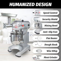 Hakka Commercial Stand Mixer with Meat Grinder, 10 Quart 4-Funtion Stainless Steel Food Mixer Electric Planetary Countertop Dough Mixer Machine with 3 Adjustable Speeds