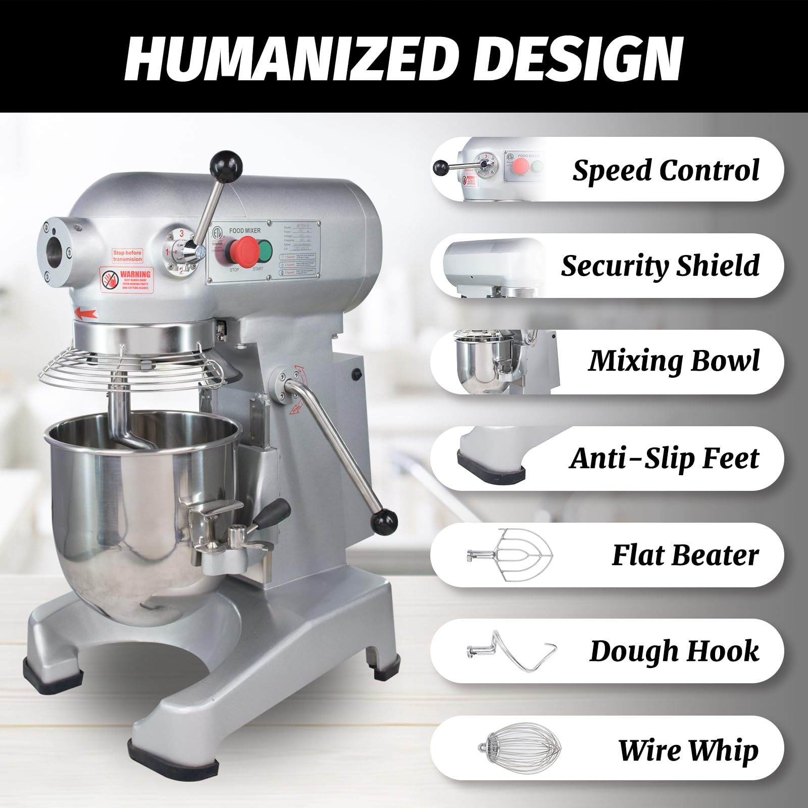 Hakka Commercial Stand Mixer 4 Funtion Food Mixer with 10 Qt Stainless Steel Bowl Electric Planetary Countertop Mixer Machine with 3 Adjustable Speeds 125/225/404 RPM for Bakery Restauran