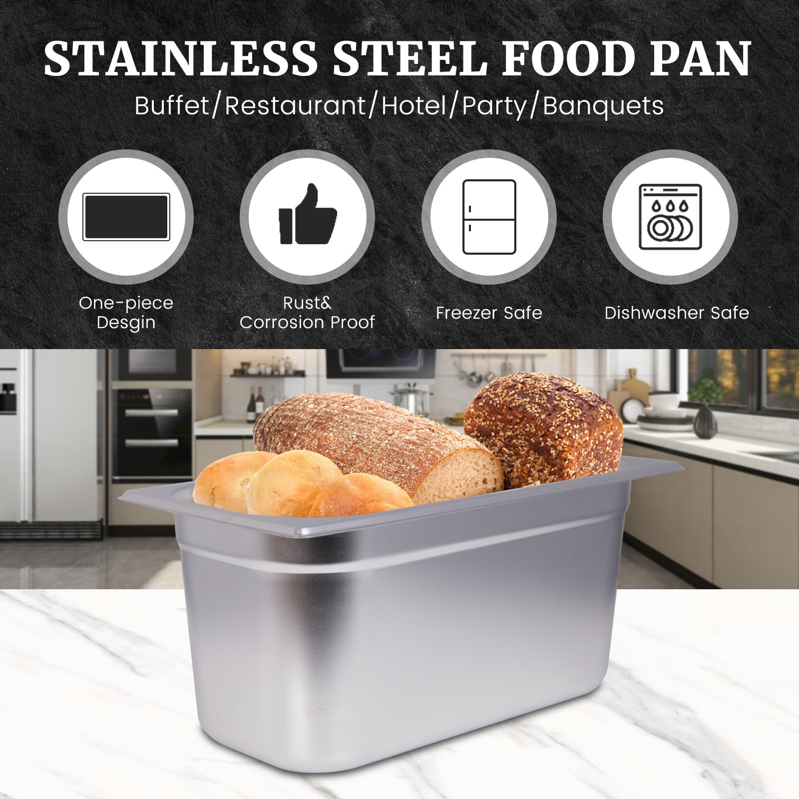 Hakka 1/3 Size Stainless Steel Food Pans,6"Deep Food Containers- Pack of 6