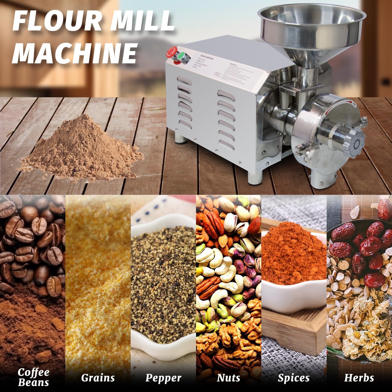 Hakka 2200W Commercial Grain Mill Electric Grain Grinder 30-50kg/h Grain Grinding Machine Stainless Steel Flour Milling Machine for Dry Grains Cereals Coffee Corn Pepper Herb