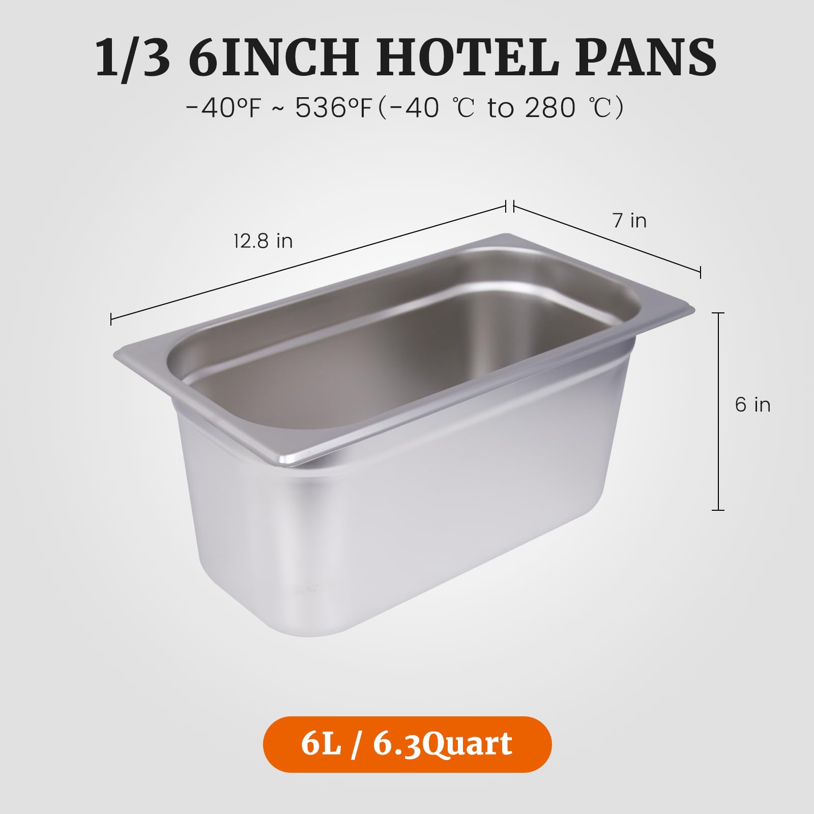 Hakka 1/3 Size Stainless Steel Food Pans,6"Deep Food Containers- Pack of 6