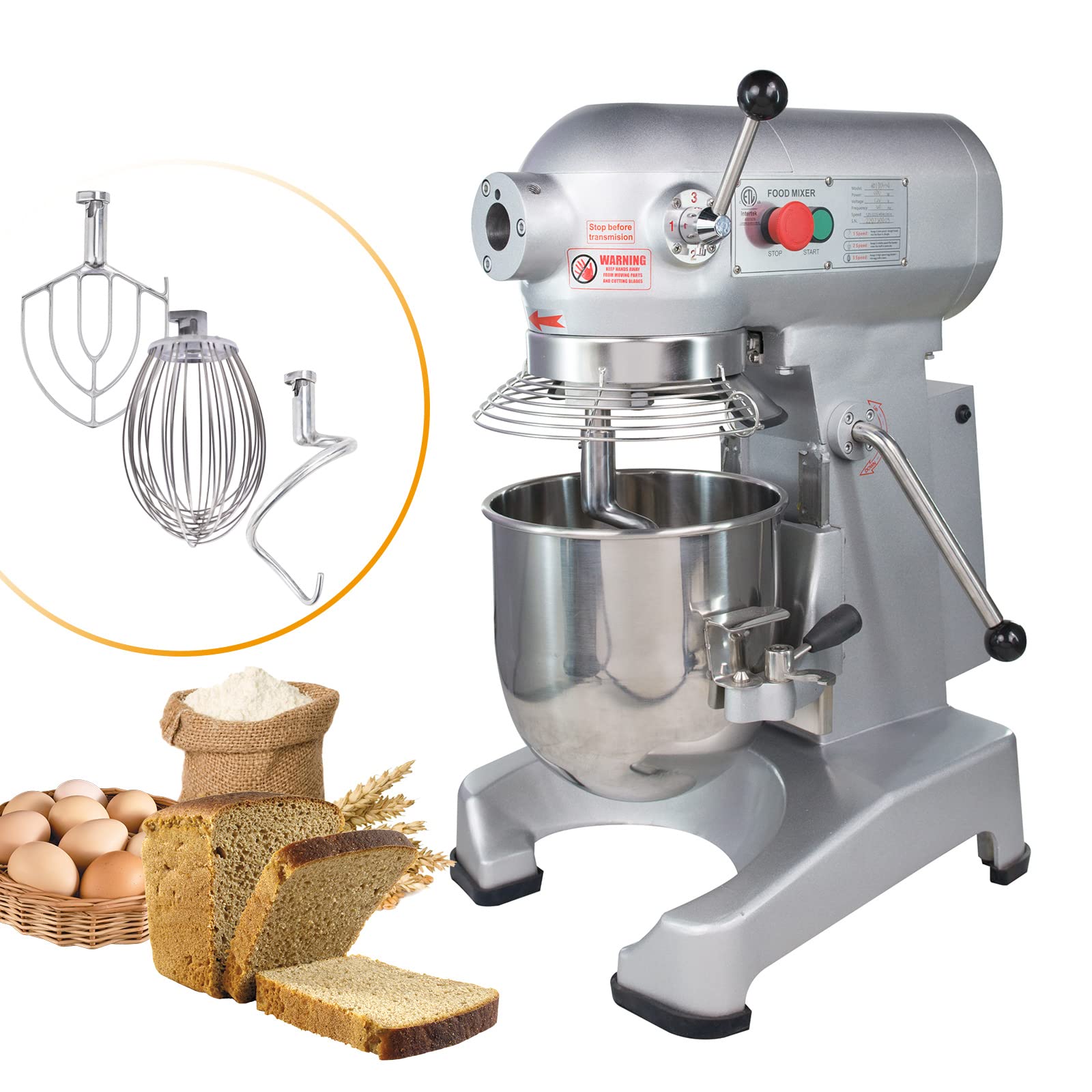 Hakka Commercial Stand Mixer 4 Funtion Food Mixer with 10 Qt Stainless Steel Bowl Electric Planetary Countertop Mixer Machine with 3 Adjustable Speeds 125/225/404 RPM for Bakery Restauran