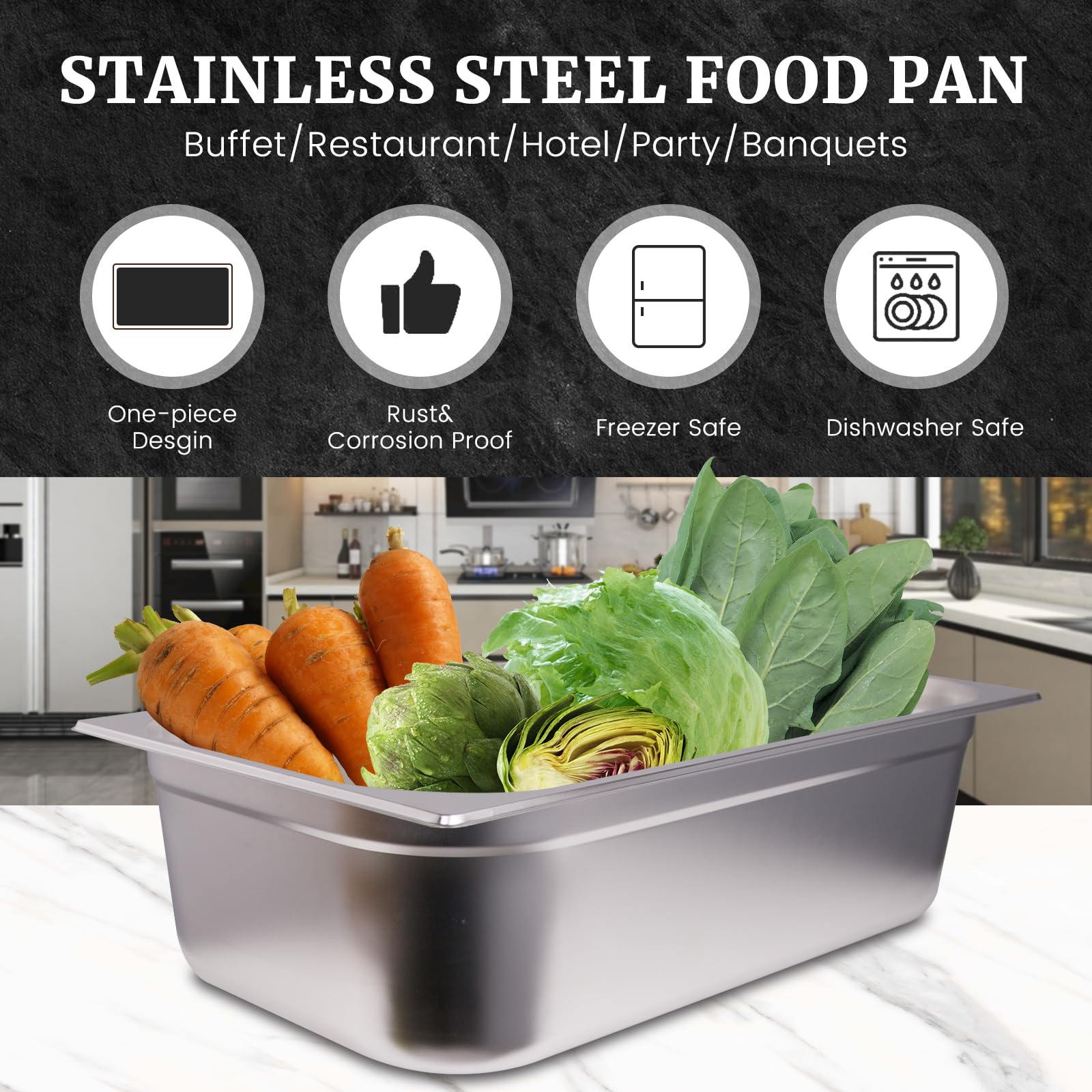 Hakka 1/1 Size Stainless Steel Food Pans,6"Deep Food Containers- Pack of 6