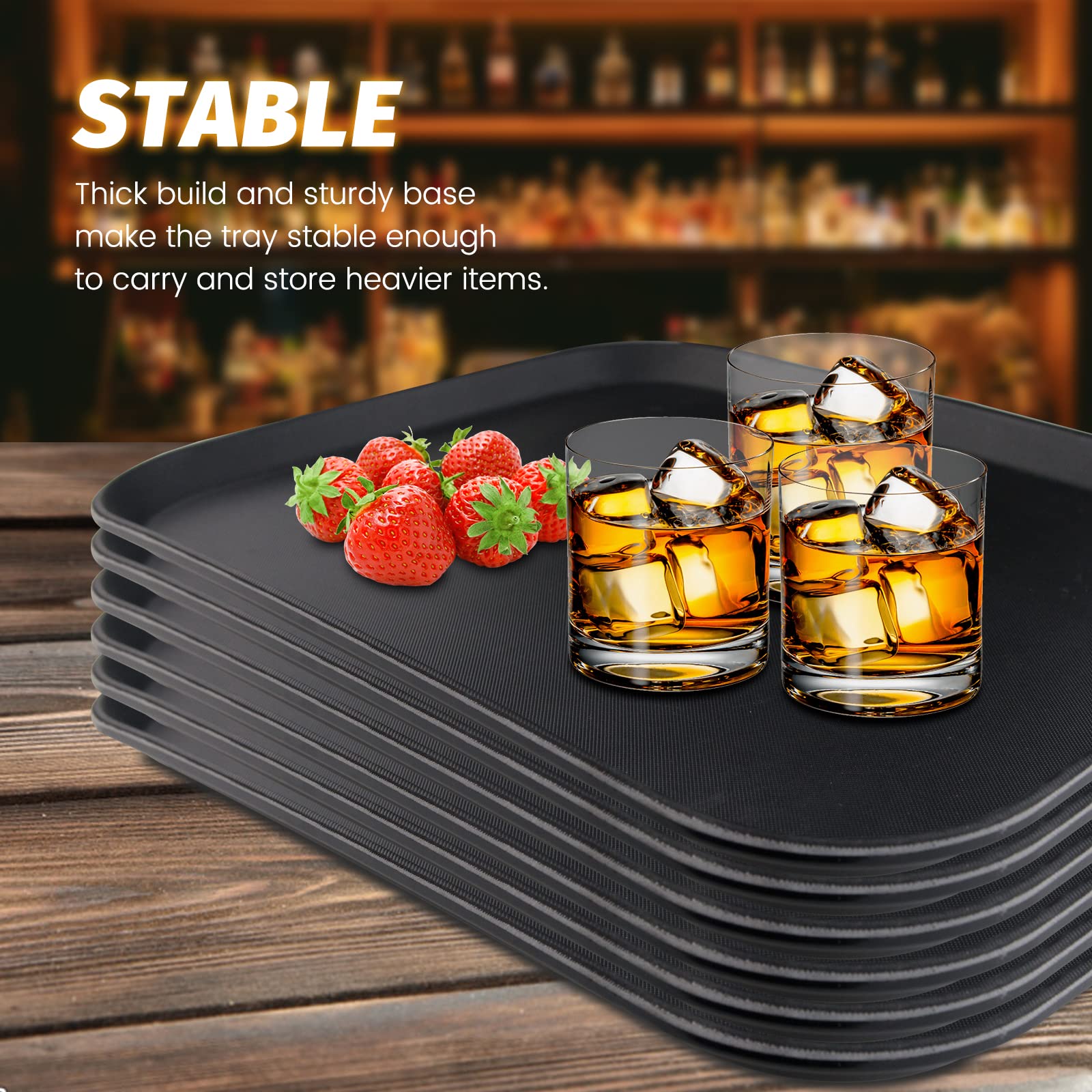 Hakka 6 Pack Restaurant Grade Non-Slip Tray, Fiberglass Serving Trays, Rectangular,13.9X 10Inch, Plastic, Black