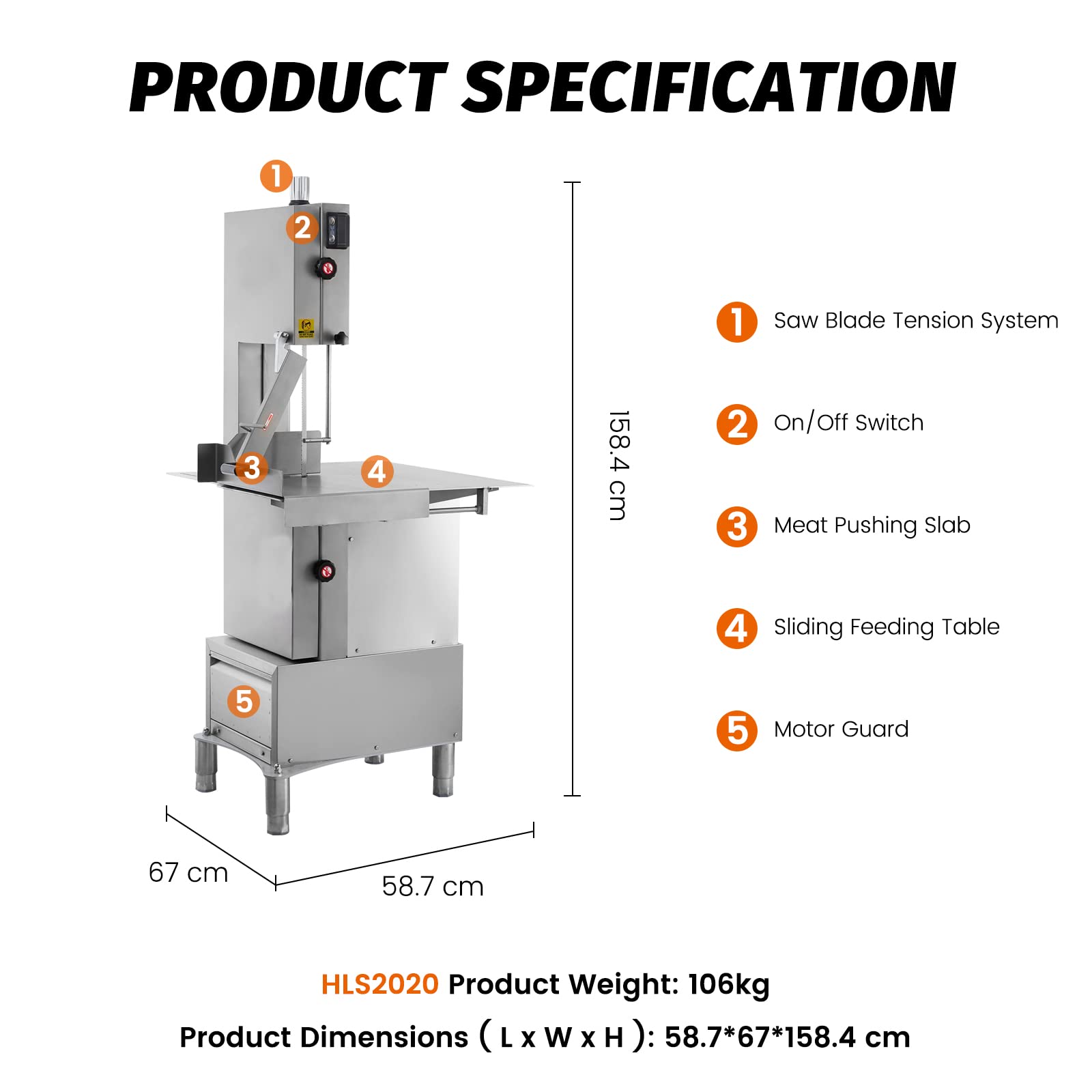 Hakka 94" Blade Stainless Steel Floor Model Vertical Band Meat Saw - 2 hp, 110V