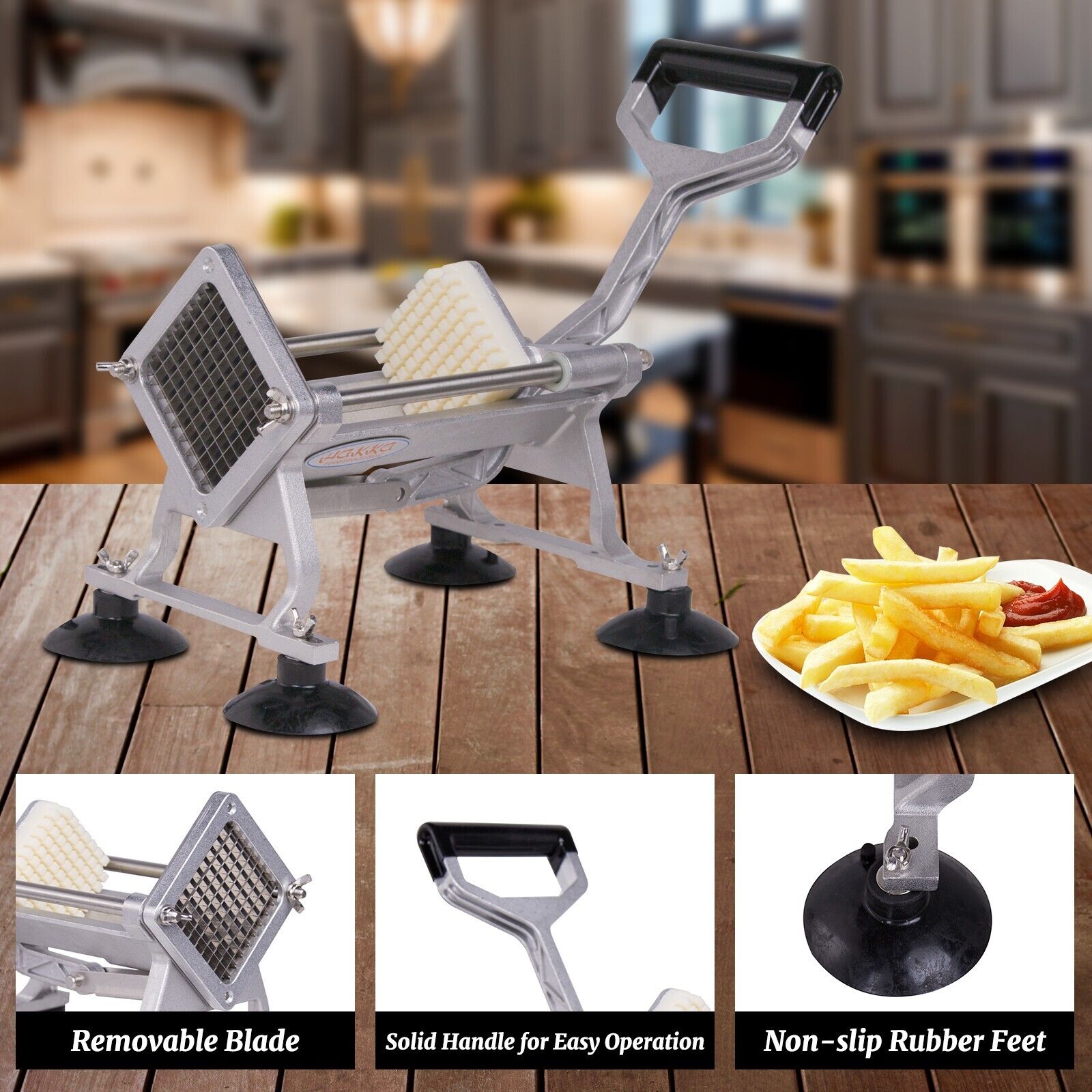 Hakka Commercial Vegetable Chopper French Fry Cutter Potato Slicer Fruit Chopper, 1/2'', 3/8'', 1/4'', 8-Wedge Blades and Pushe